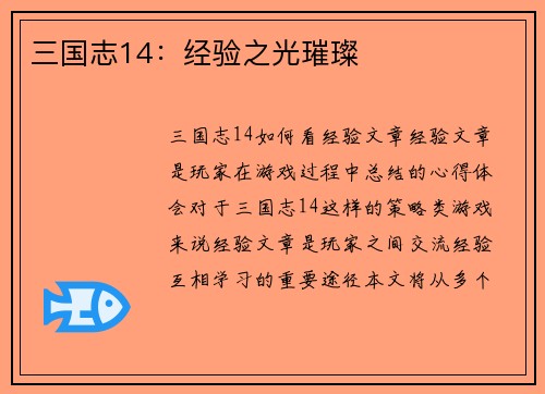 三国志14：经验之光璀璨