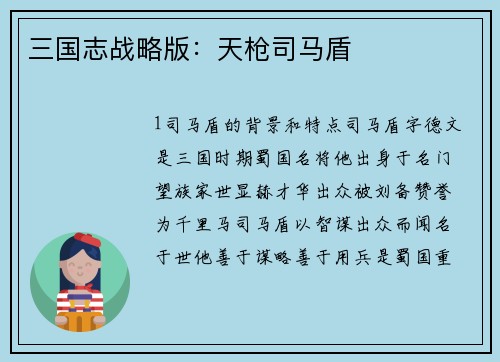 三国志战略版：天枪司马盾